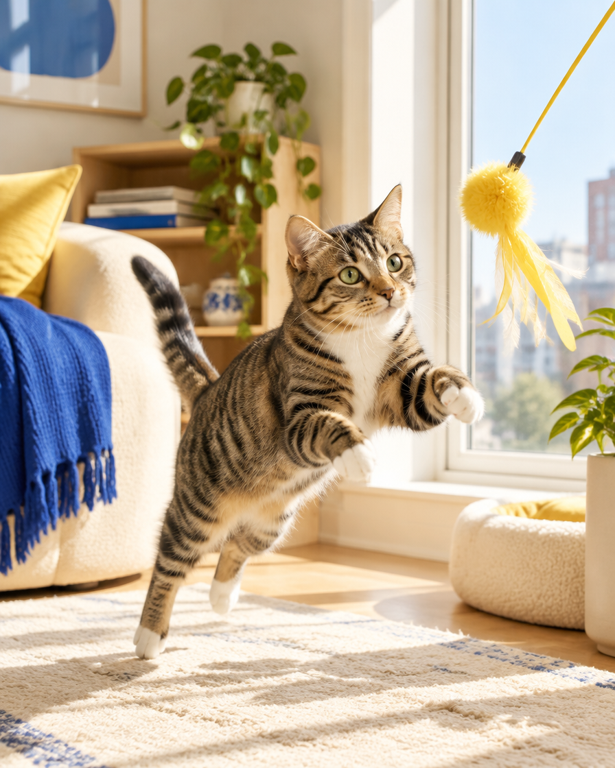 Tabby cat leaping toward a yellow teaser