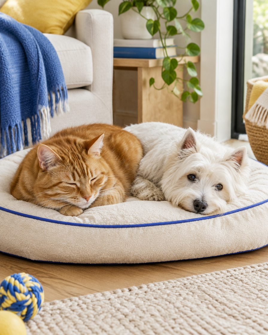 Cat and dog resting together on a pet mat