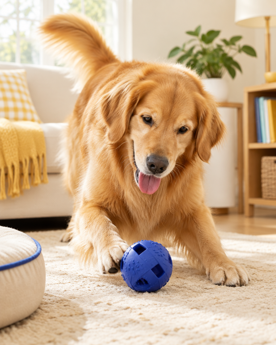 Golden retriever playing with a cobalt ball