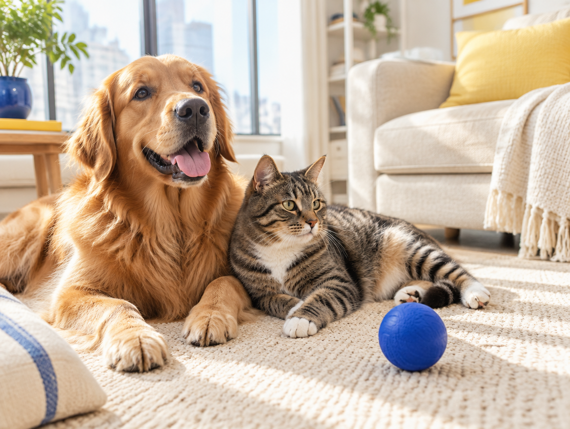 Golden retriever and tabby cat relax together after play