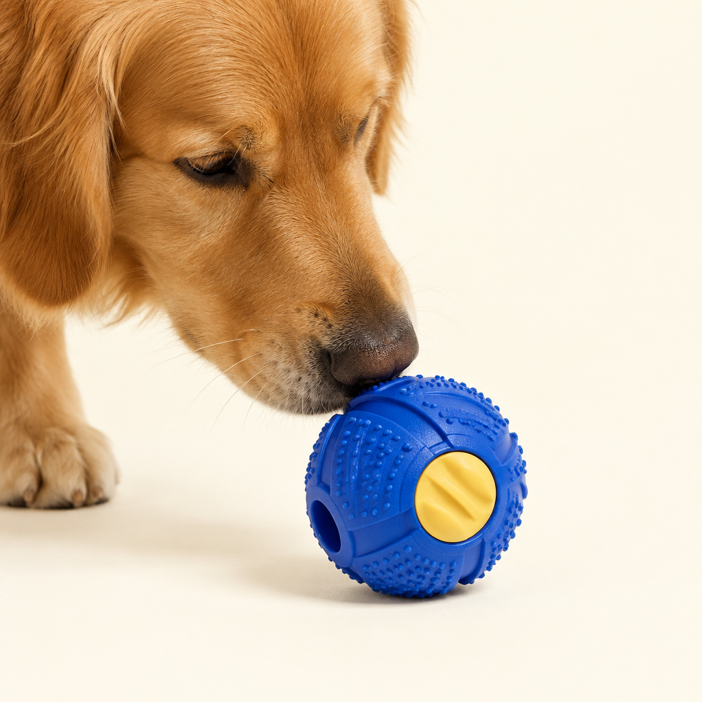 Dog explores a cobalt enrichment ball