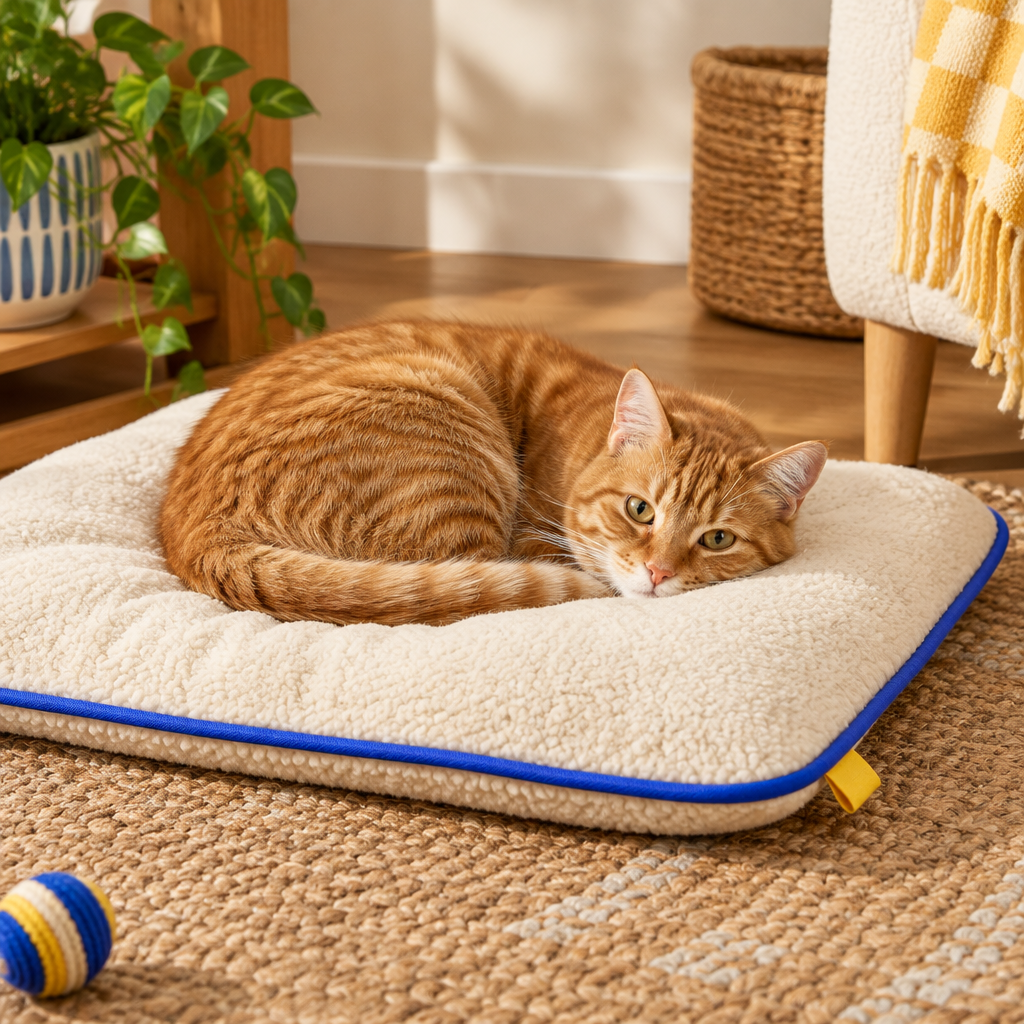 Ginger cat rests on a cream mat with cobalt trim