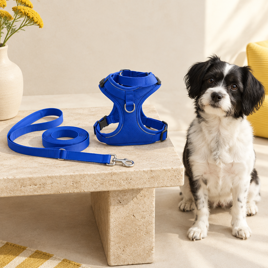 Dog beside cobalt harness and leash