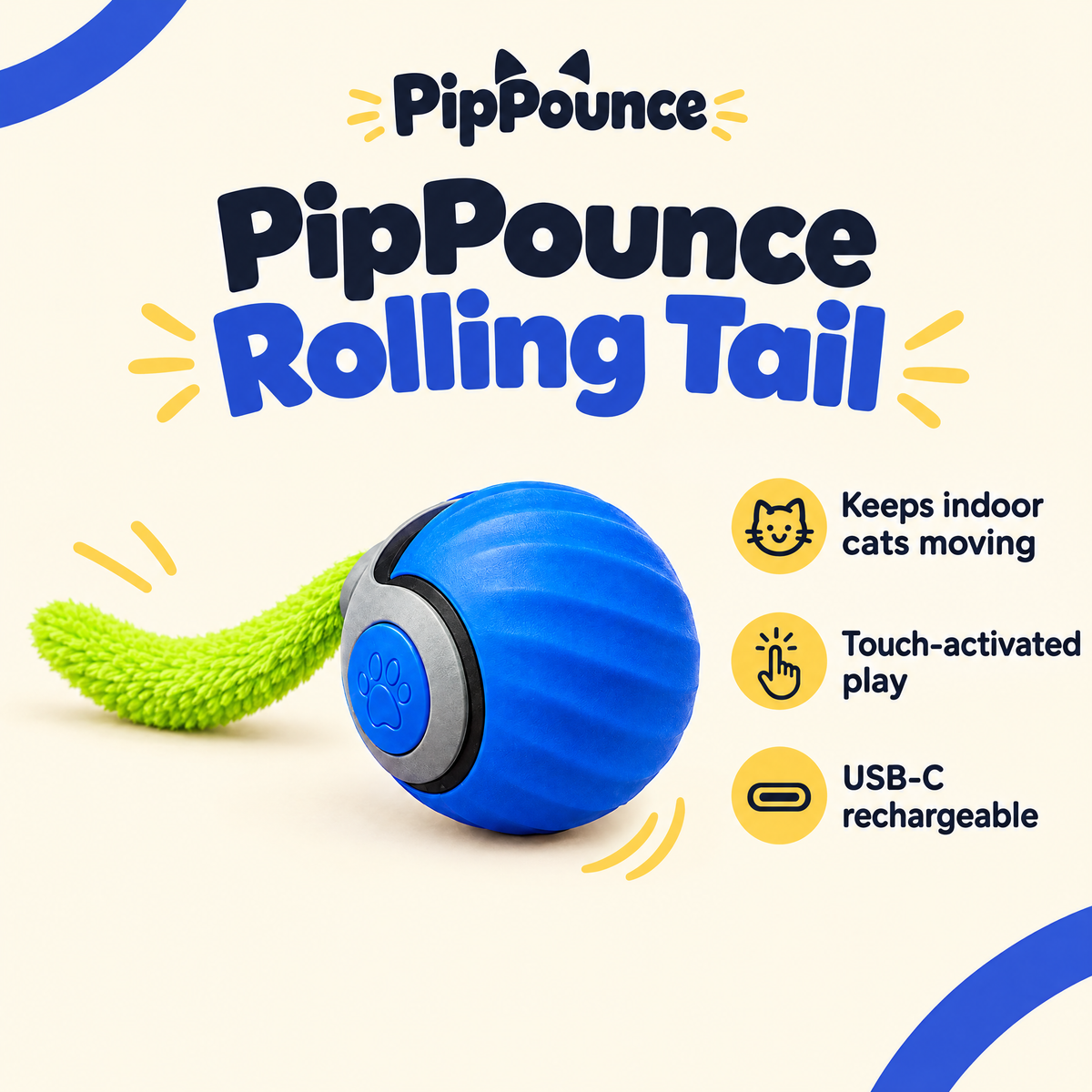 PipPounce Rolling Tail blue cat toy with key benefits